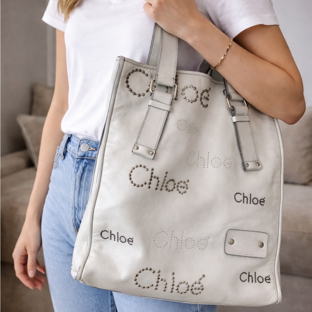 Chloé Silver Studded Logo Leather Tote